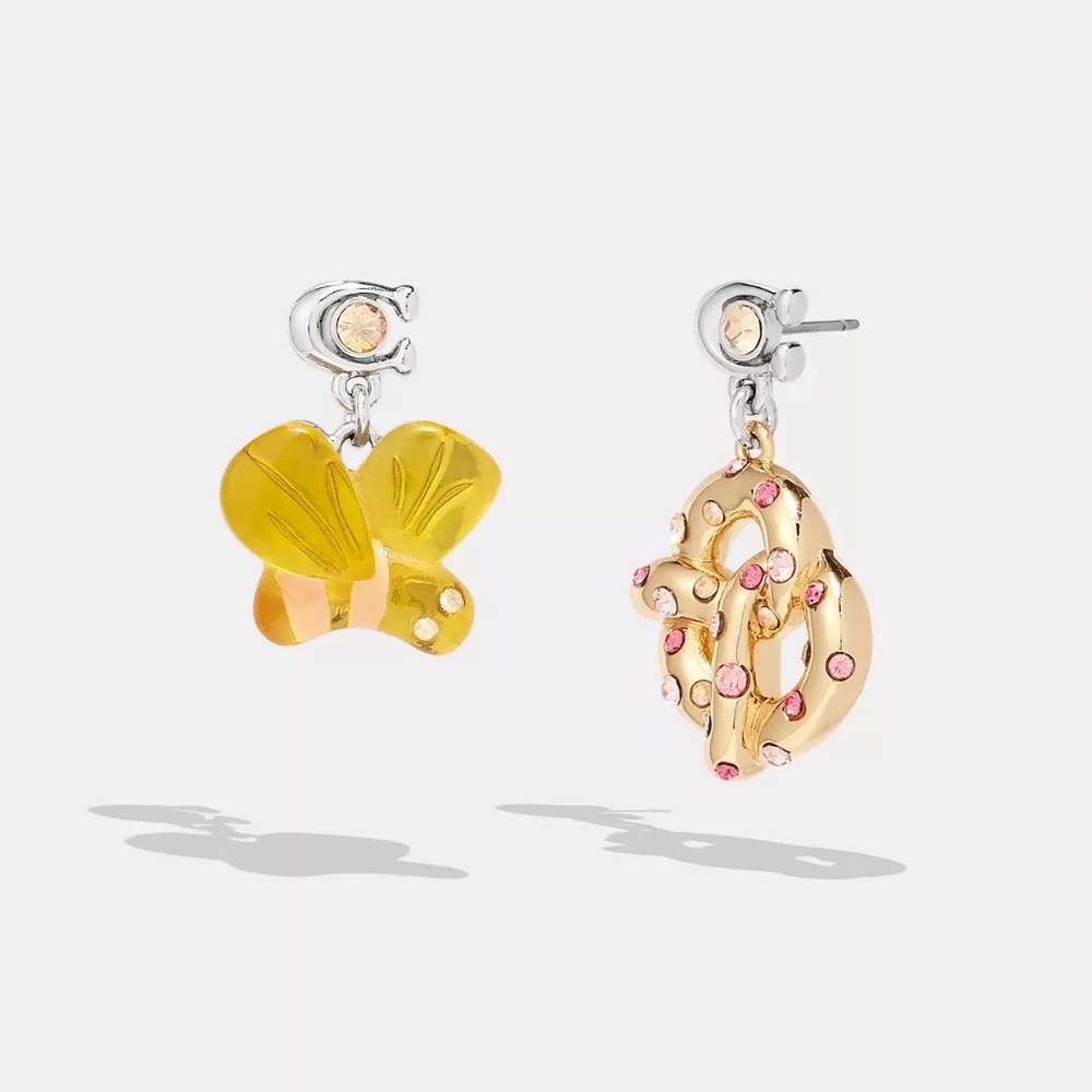 COACH Mismatch Earrings Resin Bumblebee & Rhinestone Pretzel